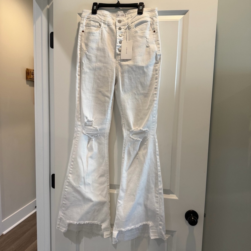 Cello White High-Rise Distressed Wide-Leg Jeans